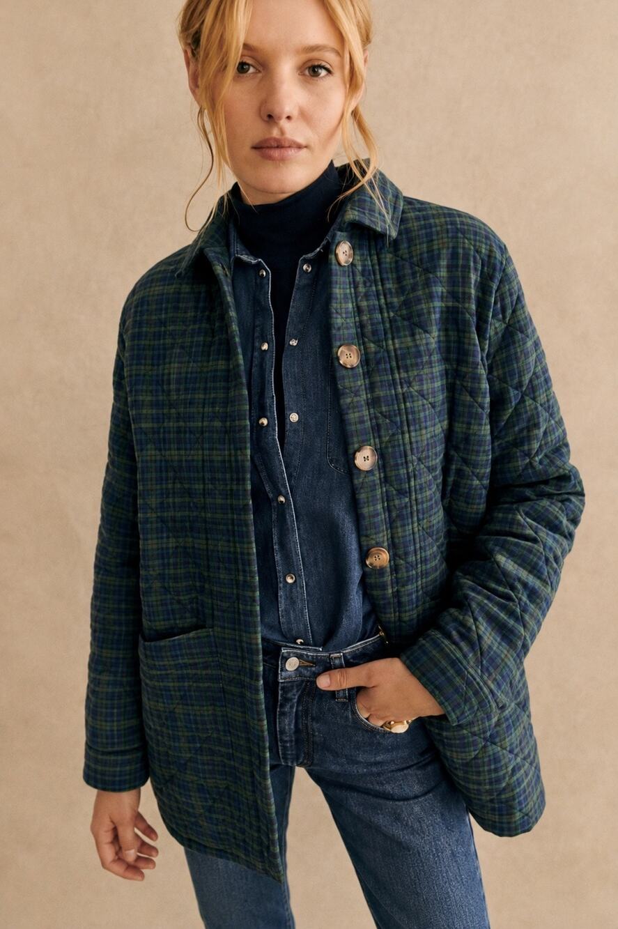 SEZANE Quilted Button Front Plaid Longline Layering Jacket Tartan Will Shacket